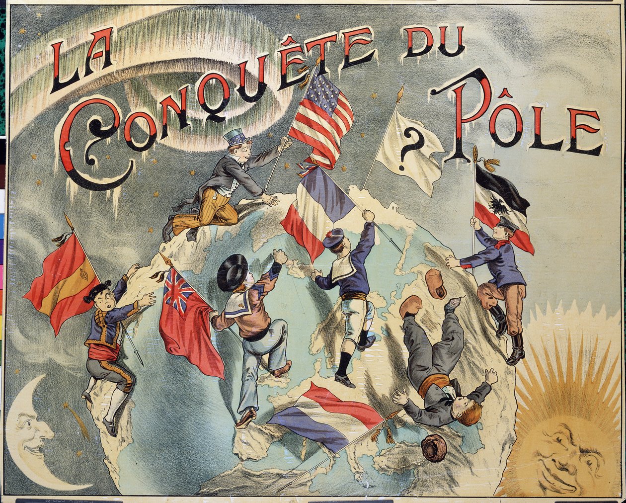 Conquest of the Pole: representation of the rivalry between different countries for the conquest of the North Pole. Representatives include Spain, the United States, England, Holland, France and Germany. Late 19th century by Unknown artist