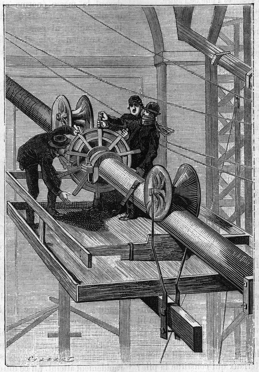Construction of Brooklyn Bridge in New York: Machine Used to Cover the 19 Secondary Cables with Helice Steel Wire into a Single Cable. Engraving from 1883 by Unknown artist