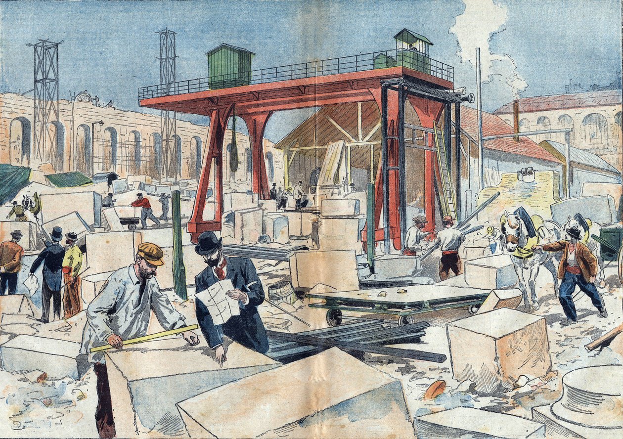 Construction of the Grand Palais, in Paris in 1898, on the occasion of the 1900 Universal Exhibition. In the center, the diamond wheel to cut stones. Illustration in Le Pelerin of July 3 by Unknown artist