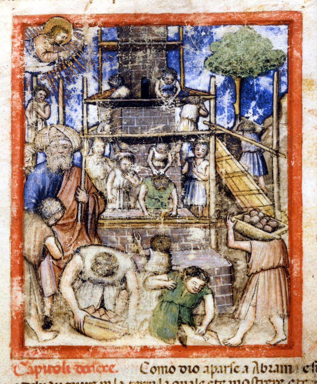 Construction of the Tower of Babel. Miniature from codex 212 (or padovano codice or Bible of Padua) 1390-1400 Rovigo, Accademia dei Concordi by Unknown artist