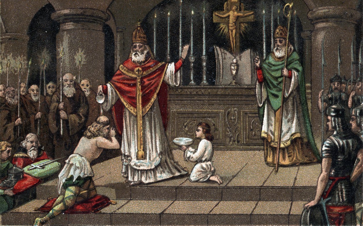 Conversion of Widukind or Witikind before Charlemagne in 785. Chromolithography of the Late 19th Century by Unknown artist
