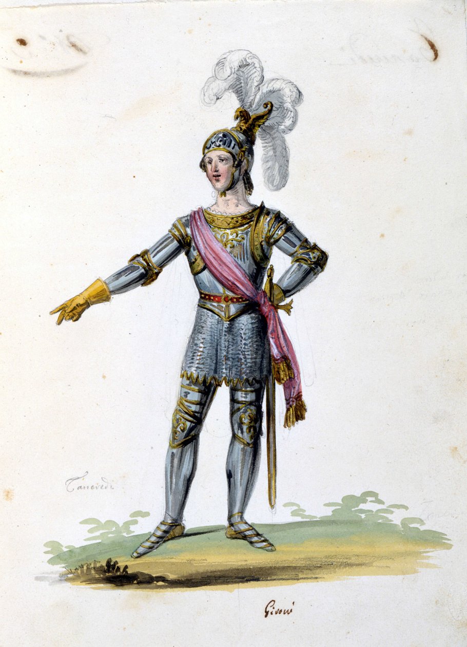 Costume for the character of Tancrede drawn by Gironi for the opera “Tancredi” (Tancrede) by Gioacchino Rossini. 1813 by Unknown artist