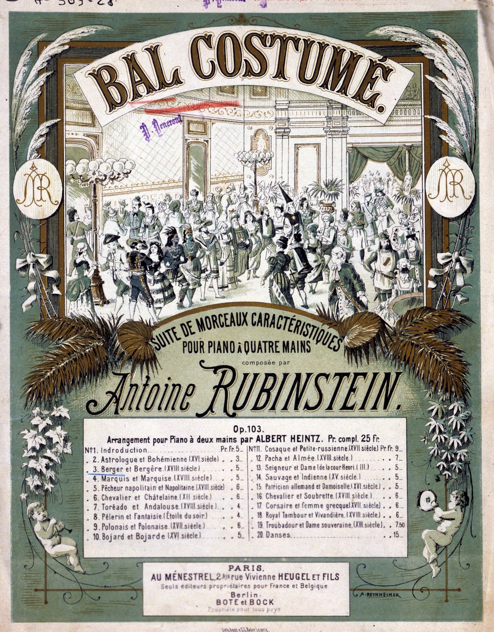Cover of the score of "Suite of characteristic pieces for piano four hands", composed by Anton Rubinstein by Unknown artist