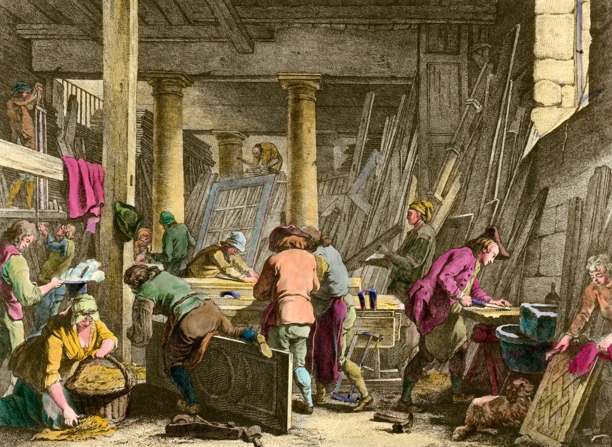 Crafts: Workshop of the Sieur Jadot joiner. Workers at work in the 18th century. Engraving of the 19th century. Private collection by Unknown artist