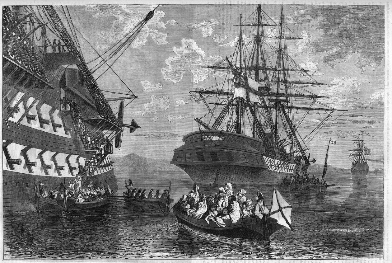 Cretan revolt of 1866-1869: Cretan families seeking asylum on ships of neutral powers. Engraving in 