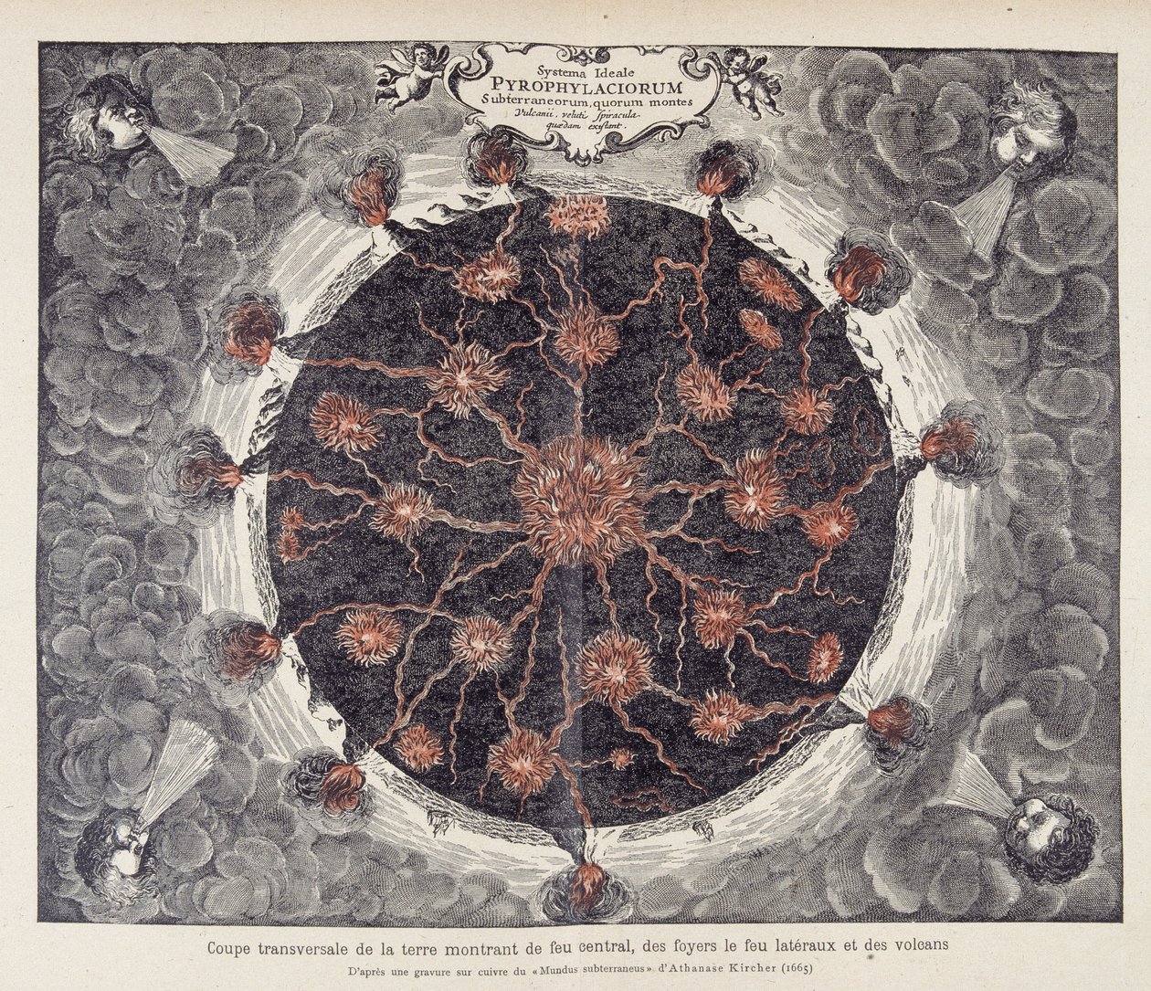 Cross-section of the earth showing central fire, fireplaces and volcanoes, from a copper engraving of Athanase Kircher
