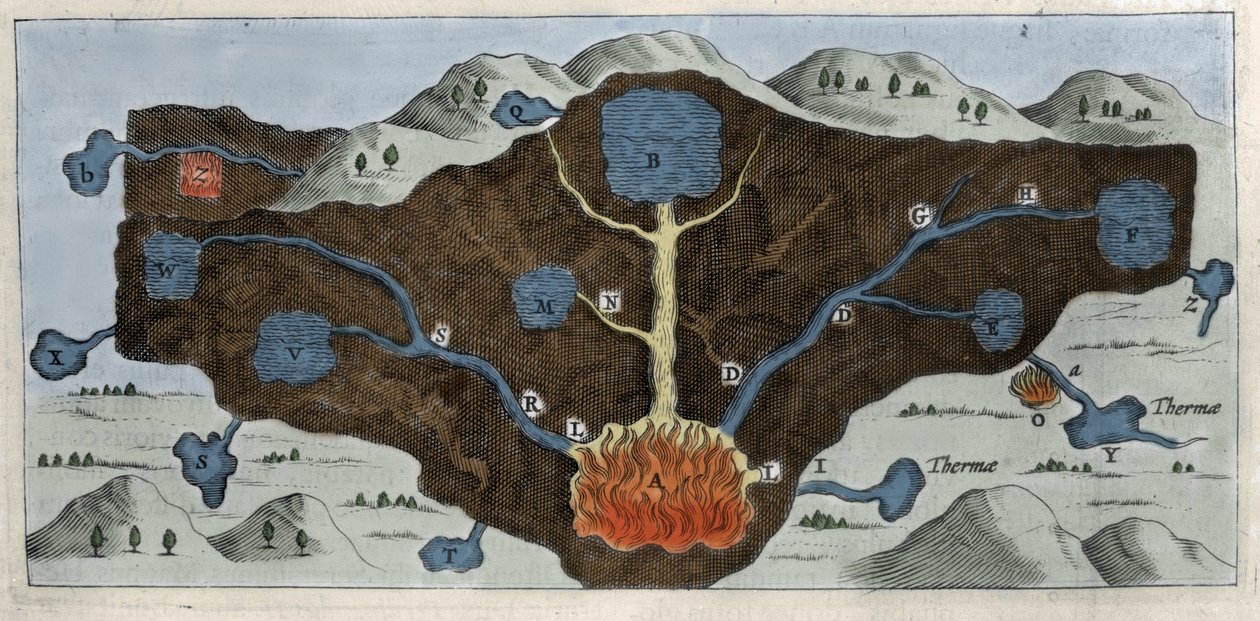 Cross section of the earth crust demonstrating the origin of the thermal springs - 17th century by Unknown artist