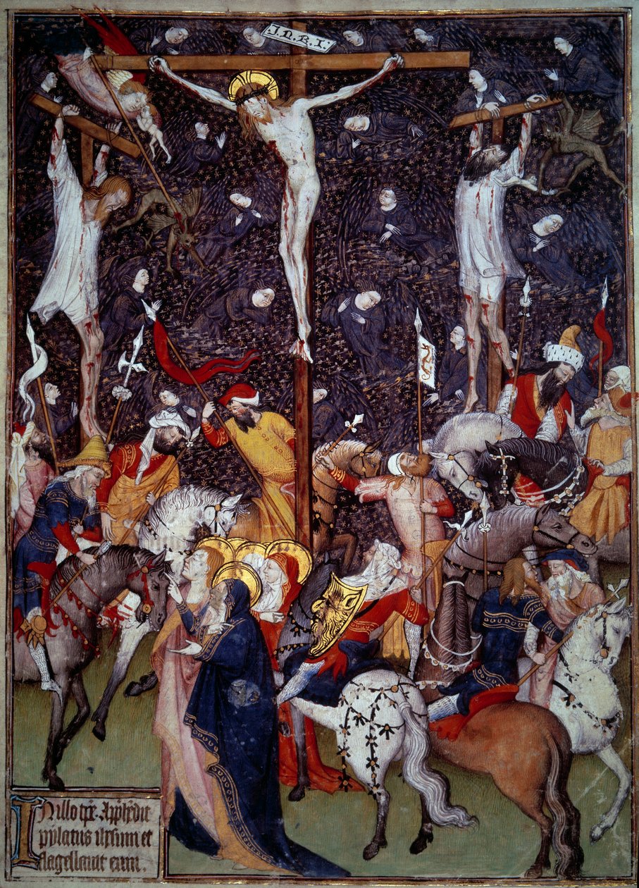 Crucifixion. Black angels fly around the bodies of the convicts. Romans on horseback turn around the cross to contemplate the scene by Unknown artist