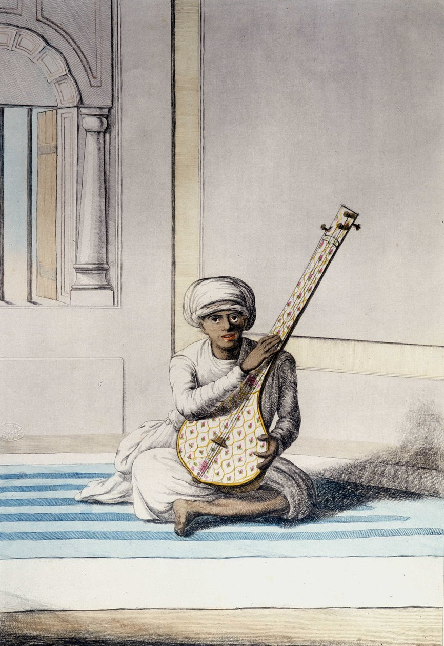 Culture, civilization and Indian society: Musician playing Thambourah, traditional instrument of India. Engraving 1808 by Unknown artist