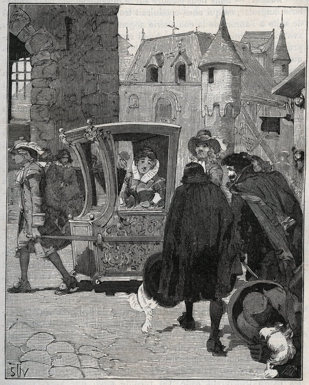 Cutlery: boatmen surround the chair of Marie de Rabutin-Chantal, Marquise de Sevigne to sell knives to her when she arrived at Nogent in 1675. Engraving from 1885 in 