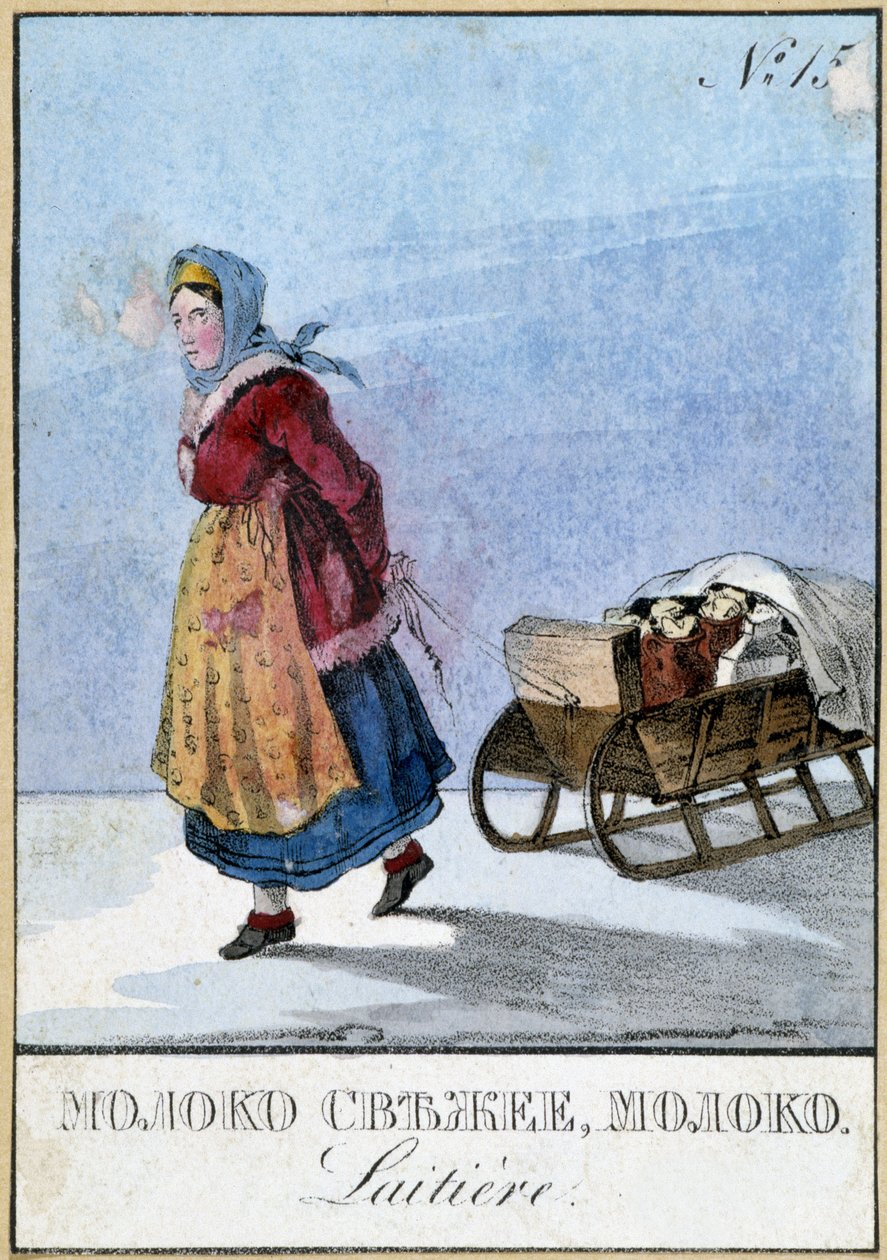 Dairy woman in Russia who carries her milk cans on a sledge, Bibliotheque des Arts Deco by Unknown artist
