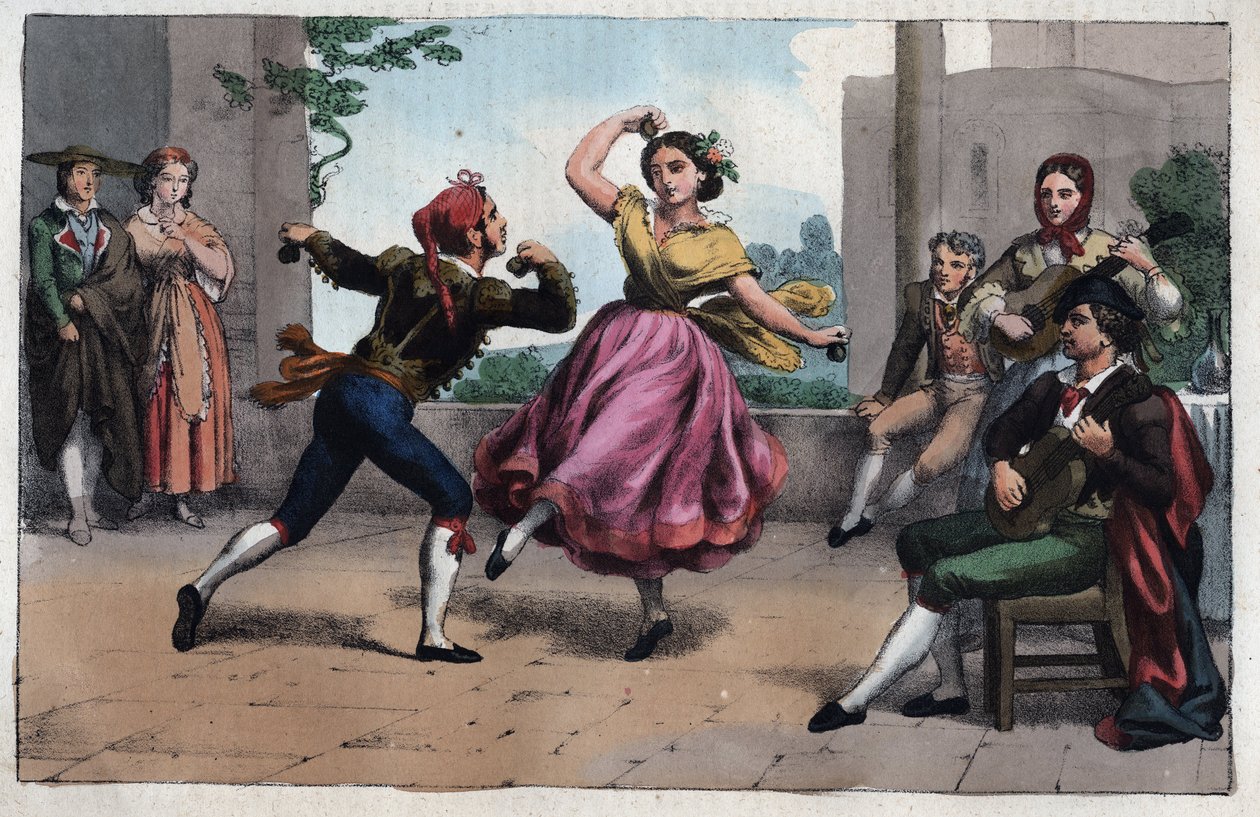 Dance of the Bolero and costumes of Granada - engraving from 