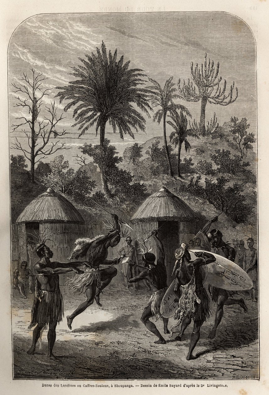 Dance of the Landines or Zulu Caffres in Shoupanga, Engraving to Illustrate Dr. Livingstone