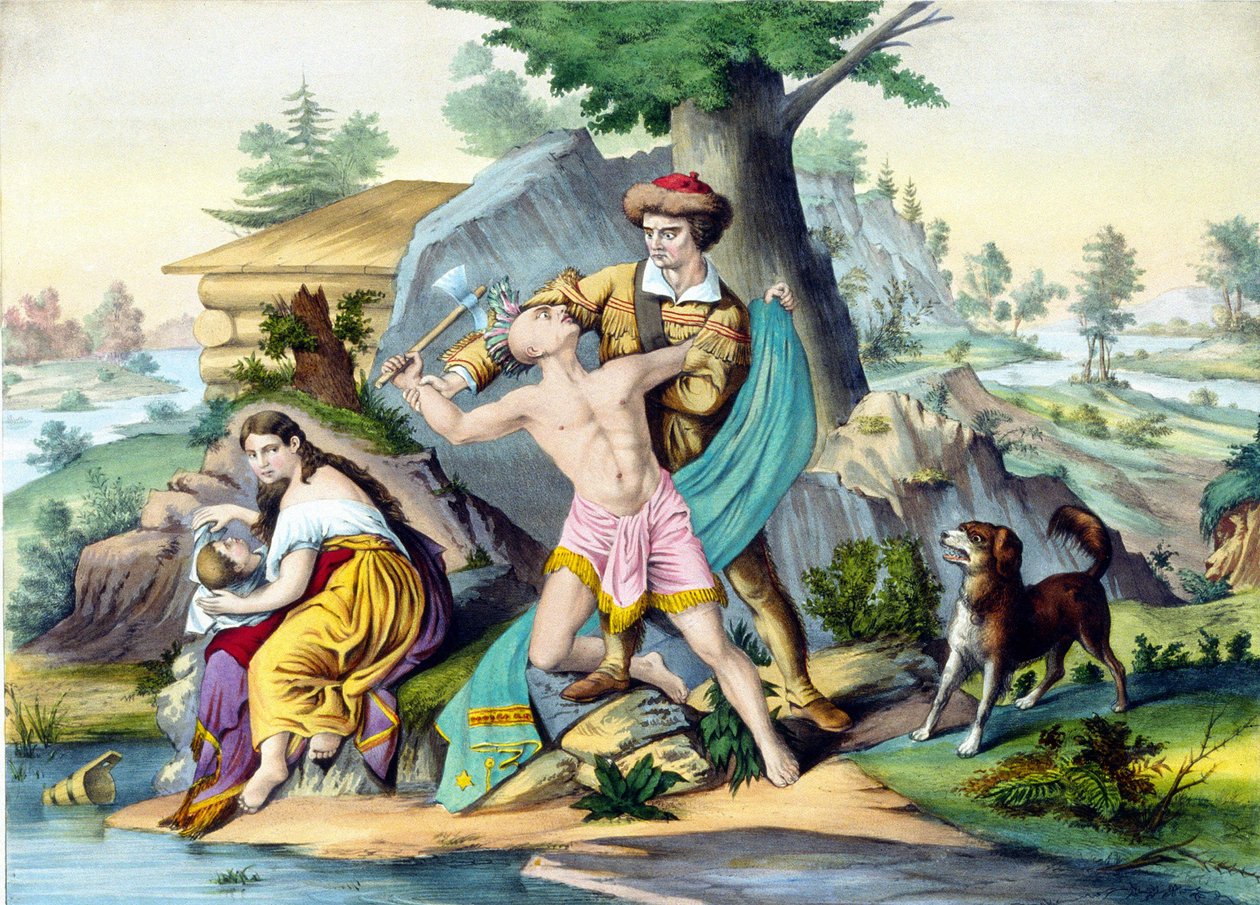 Daniel Boone protects his family: Daniel Boone, American pioneer killing an Indian who attacks his family with an axe. Engraving 19th century by Unknown artist