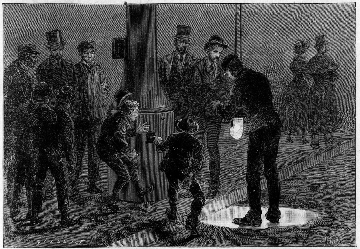 Death by Electricity: Electrification with electric streetlights at Place du Carrousel, in Paris. Engraving in 