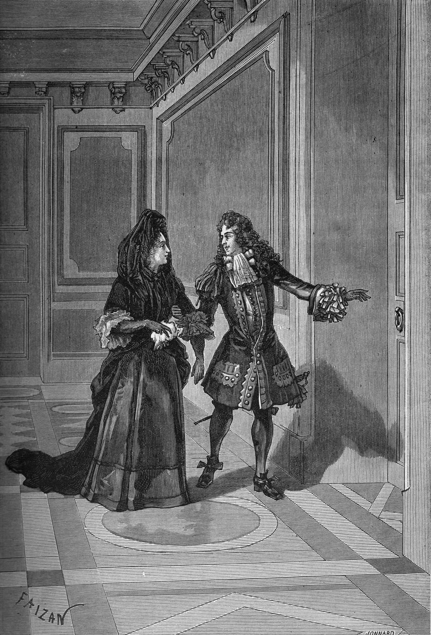 Death of Marie Therese, Queen of France, 30 July 1683: M. de la Rochefoucauld asking Madame de Maintenon to surrender to King Louis XIV. Engraving by Unknown artist