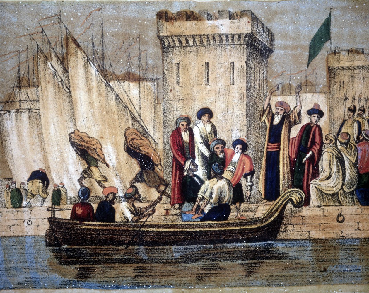 Departure of the Moors of Algiers, following the colonization by the French, an elderly or sick man is loaded onto a boat. 19th century by Unknown artist