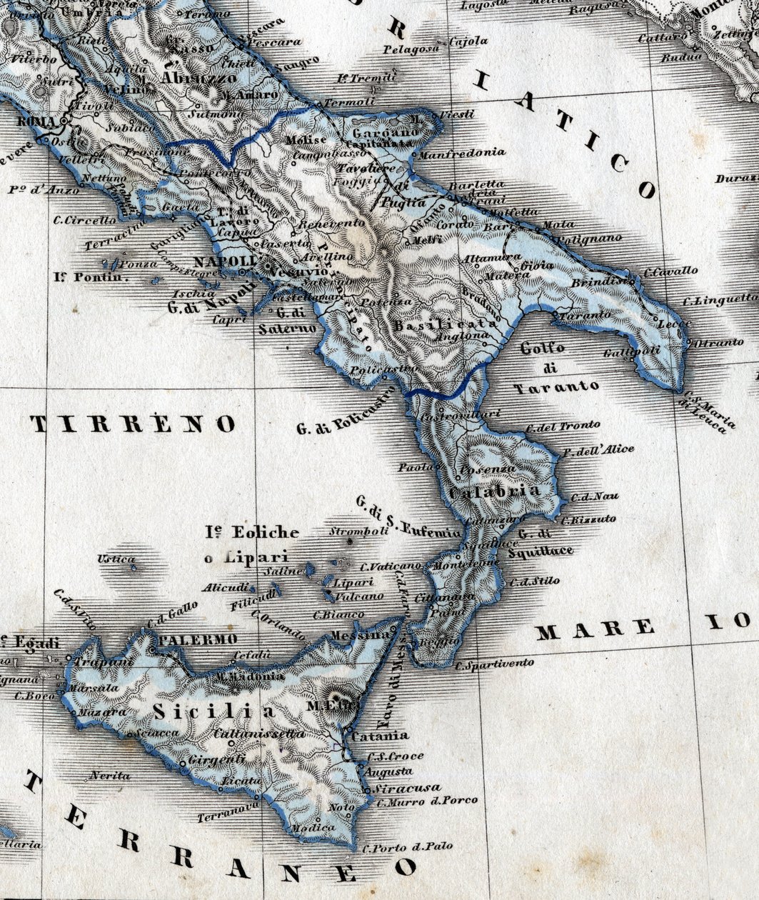 Detail of a geography map representing Southern Italy (Campania, Calabria, Sicily, Puglia, Molise Abruzzo regions). 19th century by Unknown artist