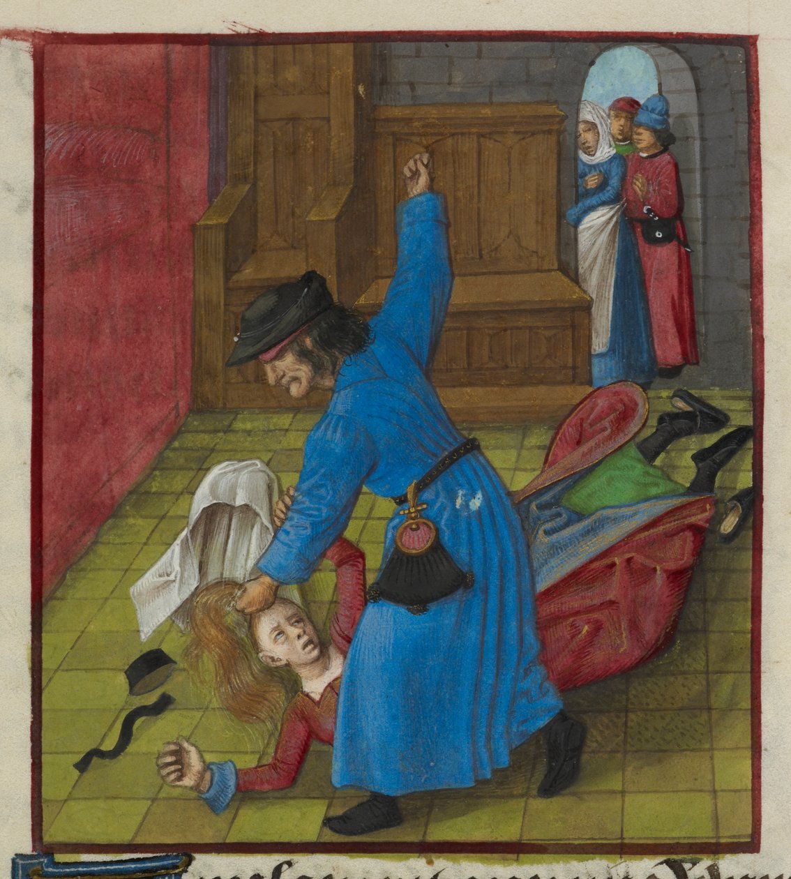 (Detail) Jealous husband beating his wife until her hair and clothes fly about, while spectators watch from the doorway, from 
