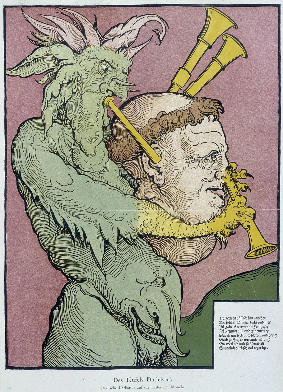 Devil playing bagpipe with a monk