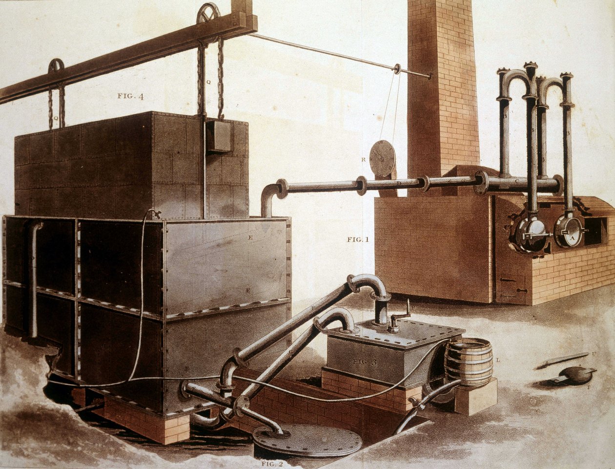 Diagram explaining the production of coal gas, London 1815 by Unknown artist