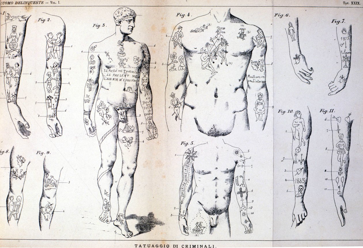 Different types of tattoos of criminals: board illustrated in 