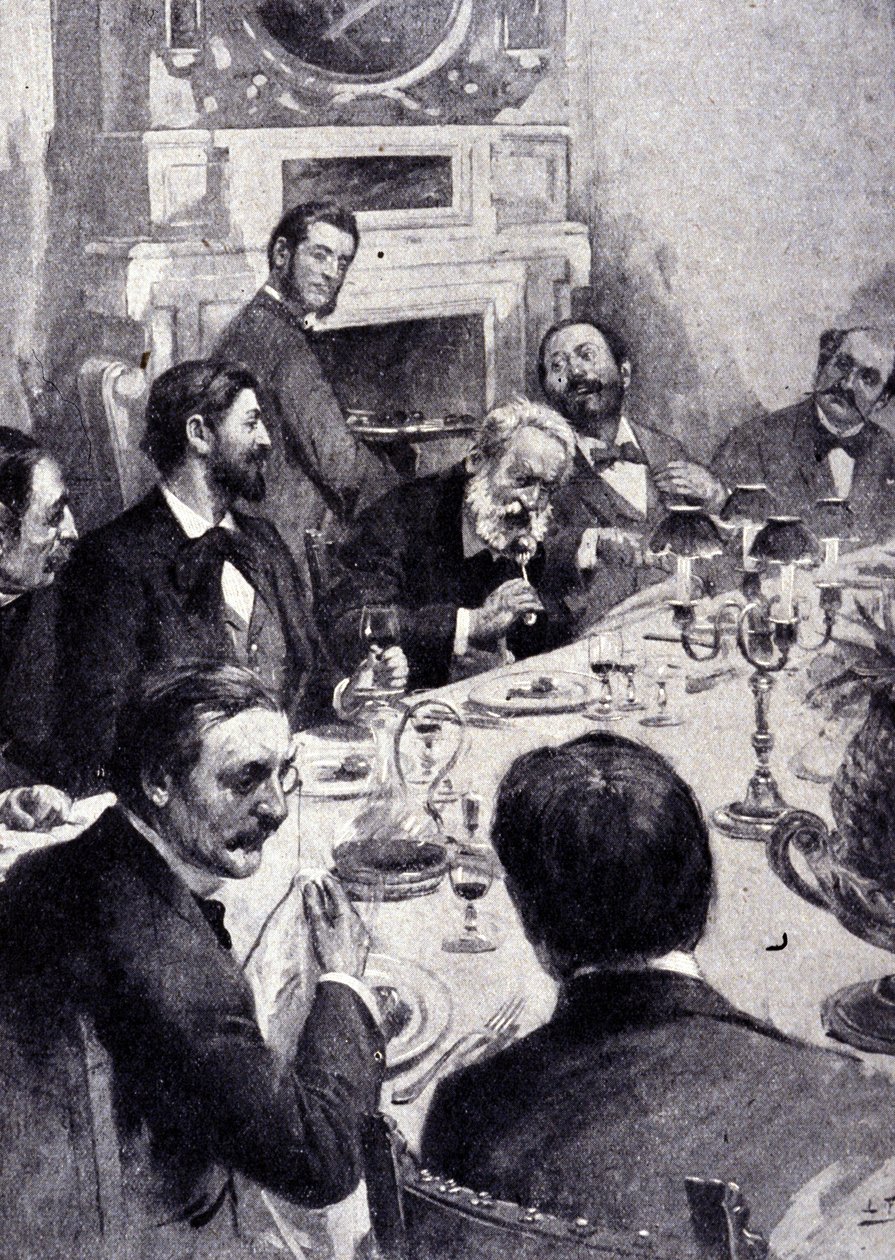 Dining at the table by Victor Hugo with Jean Mounet-Sully (1841 - 1916), French actor. Engraving of the 19th century by Unknown artist