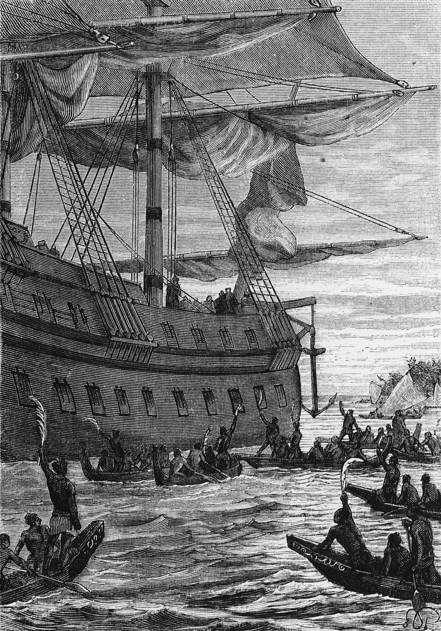 Discovery of the Indies: Voyage of Wallis in the Pacific; Native People Going to Meet the Colonists - in 