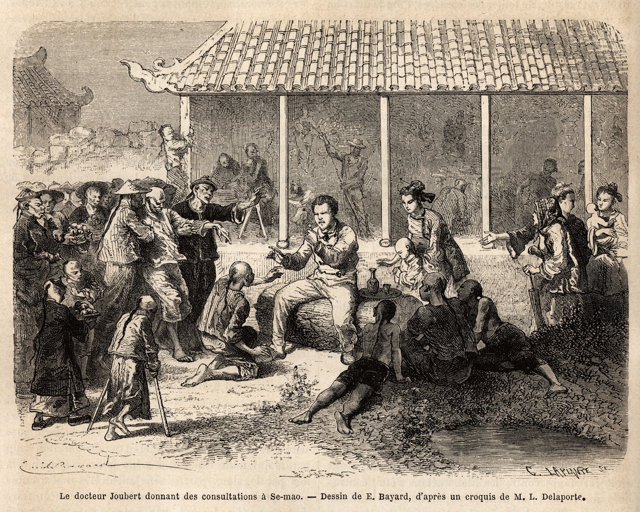 Dr. Joubert giving consultations in Se-Mao (China), engraving illustrating a voyage by Unknown artist