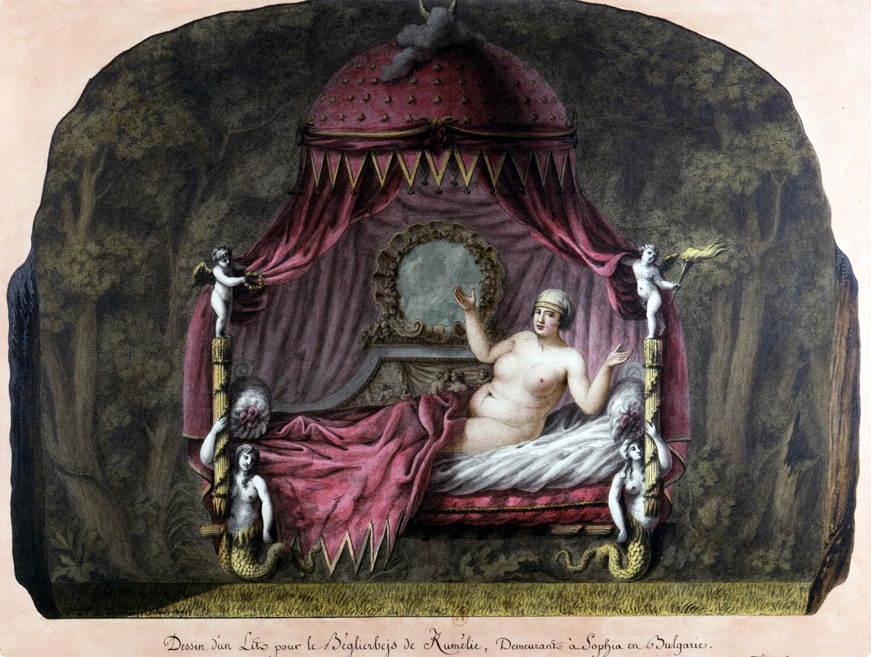 Drawing of a bed for the bey of Roumelie, residing in Sophia, Bulgaria. A naked woman invites her to join her. J. J. Lepreu. by Unknown artist