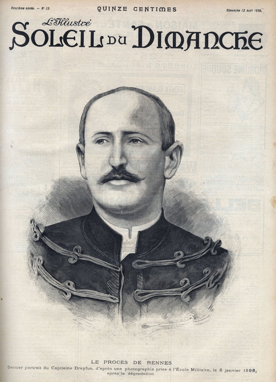 Dreyfus case: portrait of Alfred Dreyfus after his degradation during the Rennes trial. Engraving in Le sun-du-dimanche, August 13 by Unknown artist