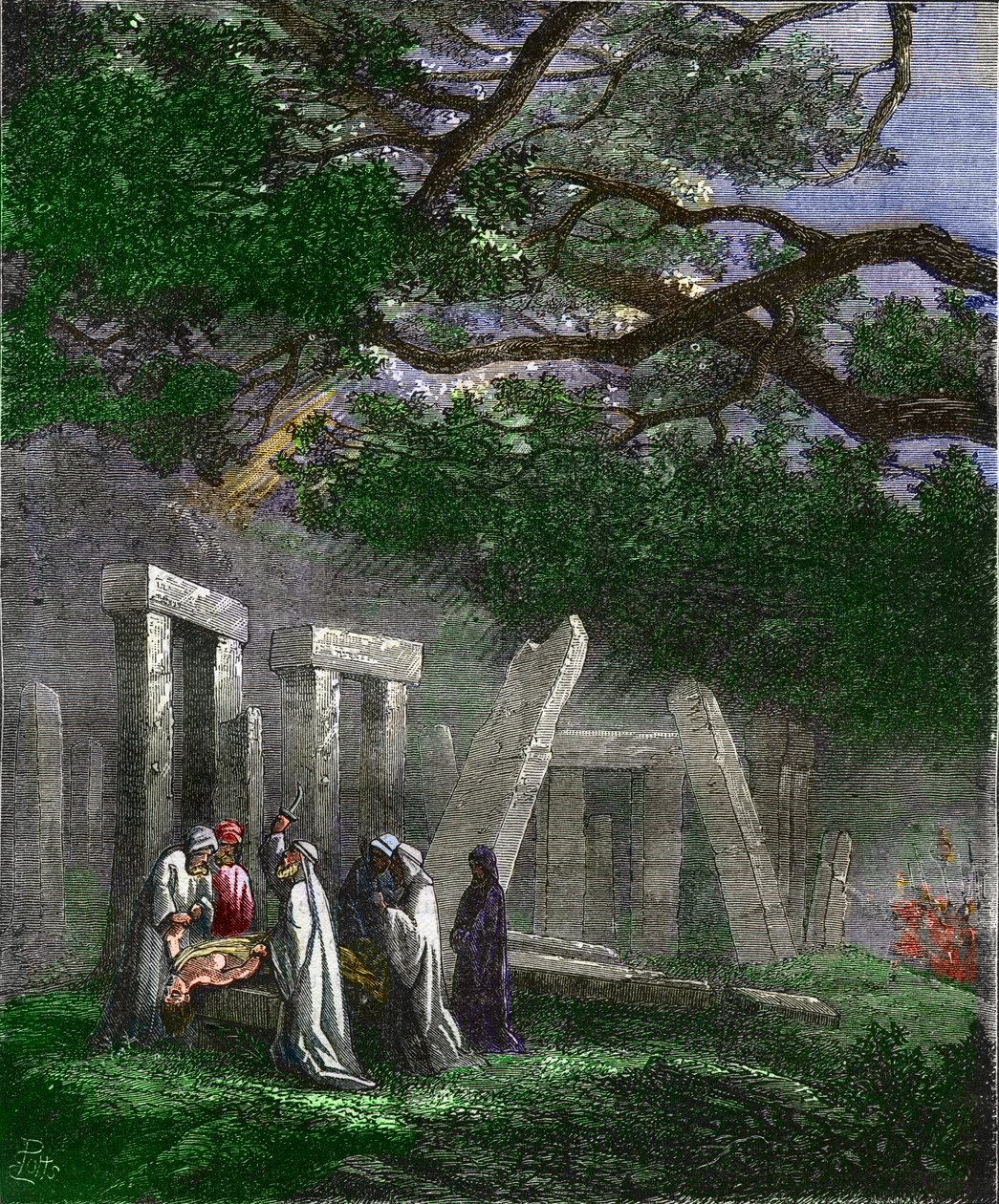 Druids practicing a human sacrifice at Stonehenge stopped by Roman soldiers - Colouring engraving of the 19th century by Unknown artist
