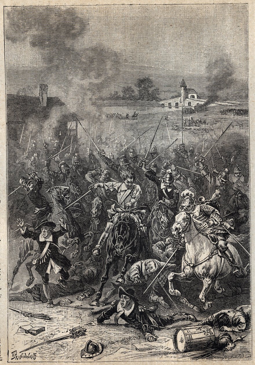 Massacre of the Puritans - 19th century illustration for the historical novel 