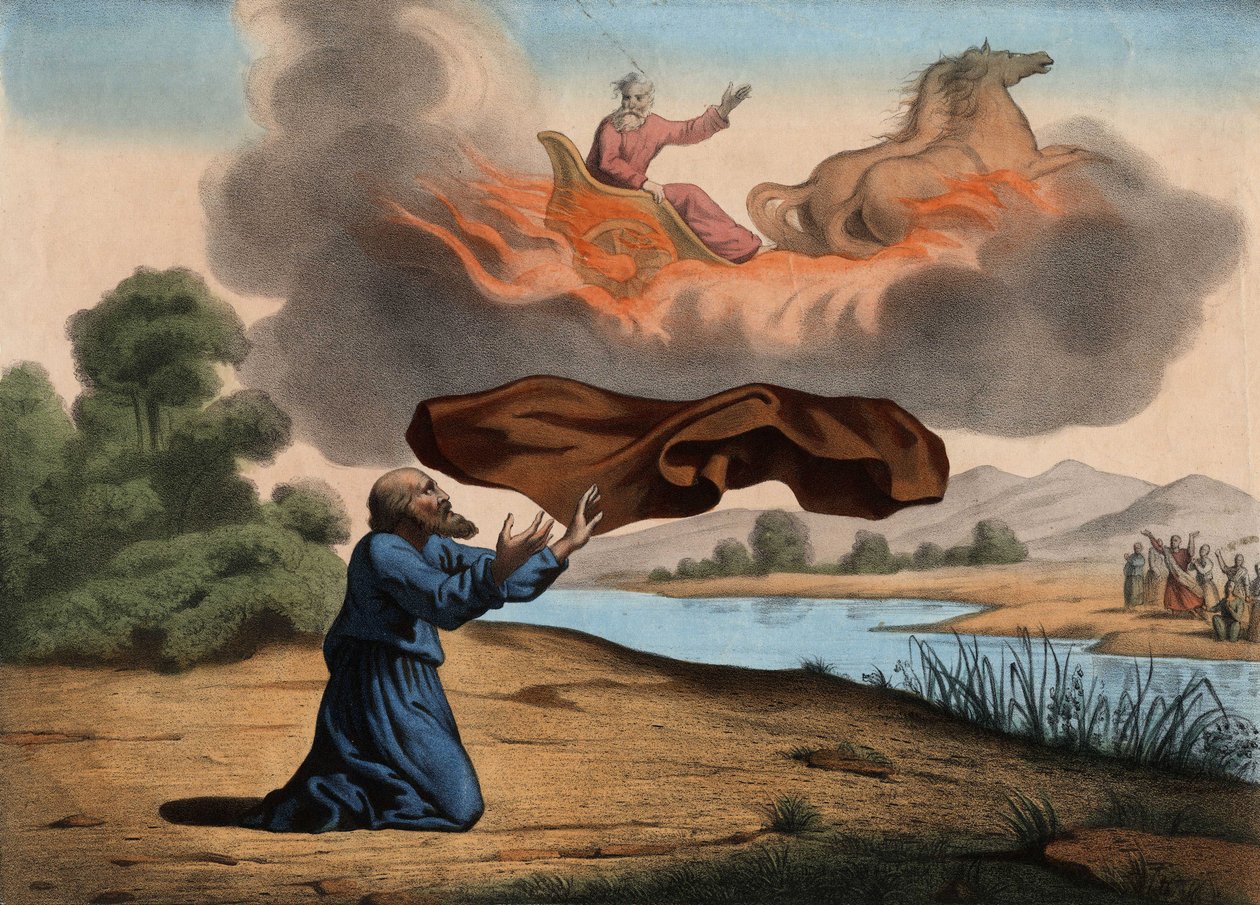 Elijah raised up to heaven leaves her coat to Elisee as a sign of succession. The two prophets went to Jericho when Elijah was taken away by a chariot of fire fired by fire horses, sent by God, into a storm sky. Anonymous engraving from the middle of the 1 by Unknown artist