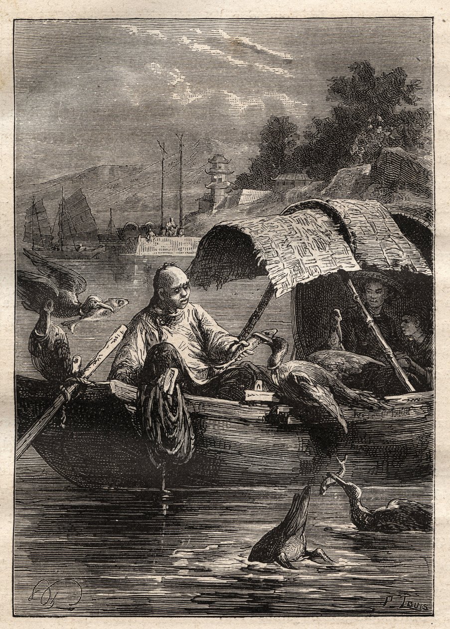 Embassy of Lord George McCartney (1737-1806) in China (1792-1793): The bird Leut-ze, stands for fishing (cormorant fishing) - illustration from 