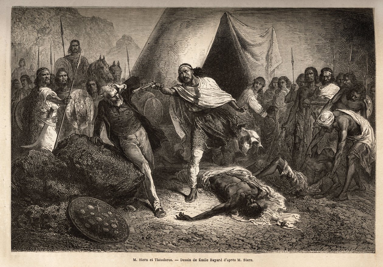 Emperor Theodoros II (Tewodros) threatened with his gun Mr. Stern, an English missionary who wrote a biography of negus, by which Theodoros felt insulted by Unknown artist
