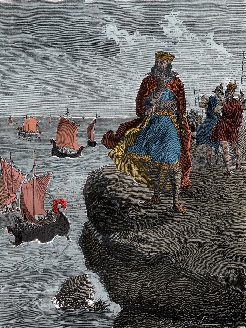 Emperor Charlemagne watching the arrival of Norman ships - King Charlemagne, King of the Franks, looks down onto vessels filled with invading Norsemen by Unknown artist