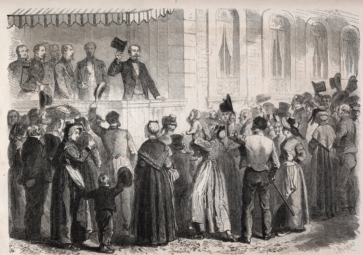 Emperor Napoleon III on the terrace of the villa of Strauss in Vichy, greeted by the people of the countryside on Sunday 7 July 1861 - Engraving in 
