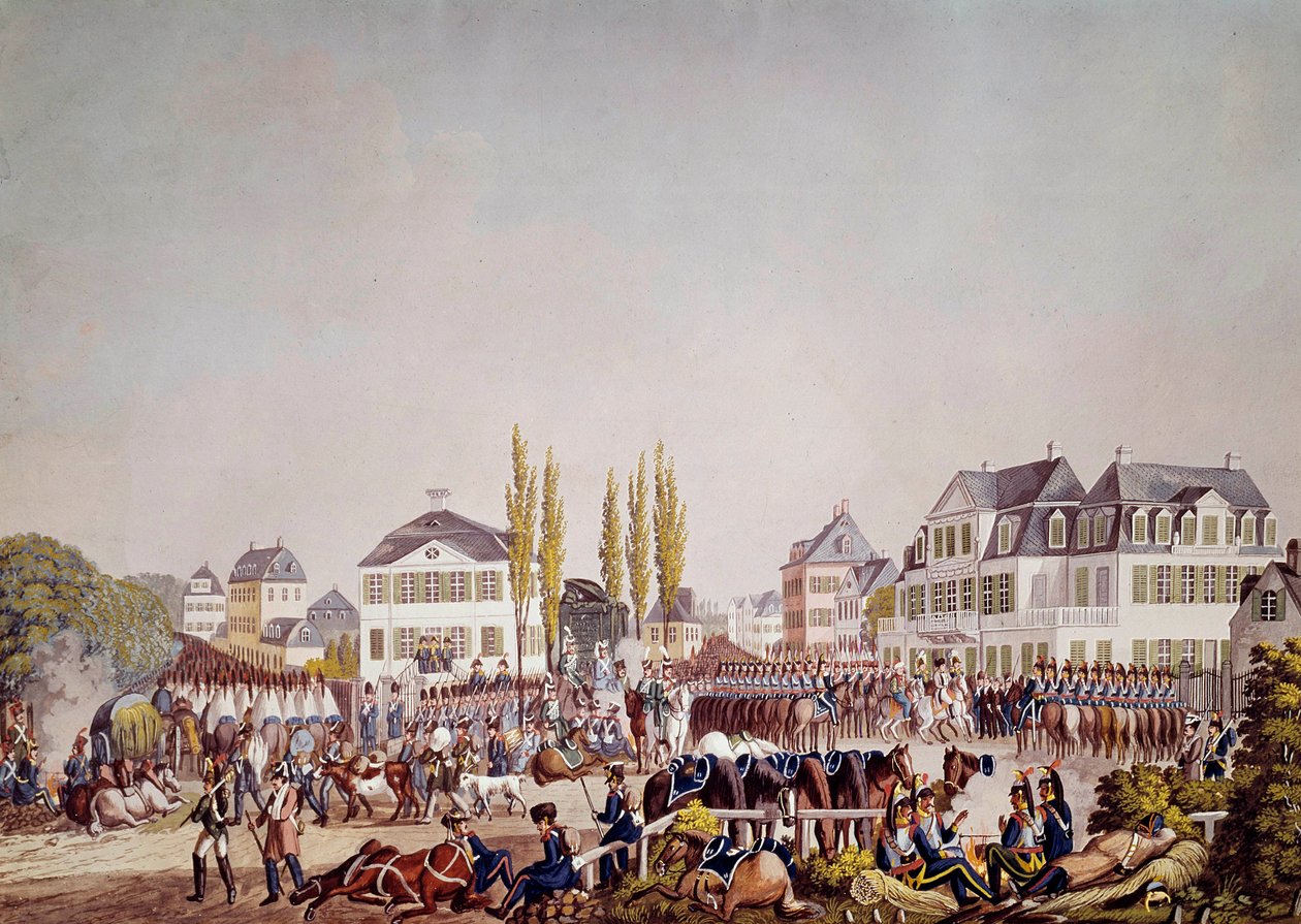 Emperor Napoleon I (1769-1821) reviews the troops in Frankfurt. Engraving from 1813. Frankfurt, Historical Museum by Unknown artist