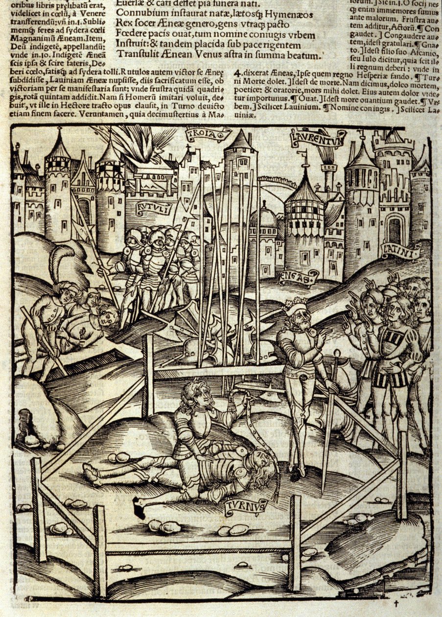 Aeneid by Virgil (70 BC-19 BC), Book XII, the Trojan hero Aeneas kills Turnus in battle under the eyes of the Latins and Rutulians. Xylography by Sebastian Brant (1458-1521). by Unknown artist