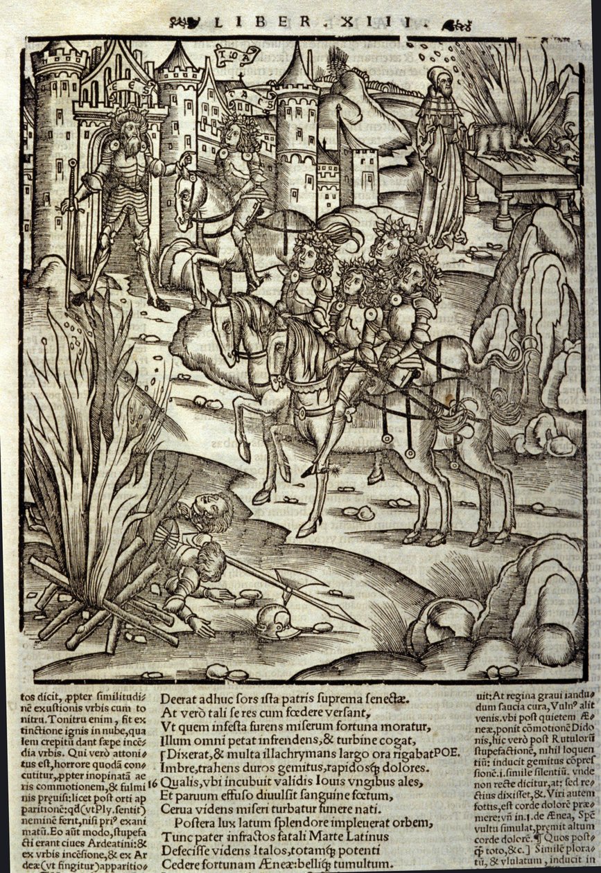 Eneide de Virgil (70 BC-19 BC), book XIII (supplementum), the Trojan hero Aeneas receives the Latins, sacrifices are made in honor of the victims of war. Xylography by Sebastian Brant (1458-1521). Strasbourg by Unknown artist