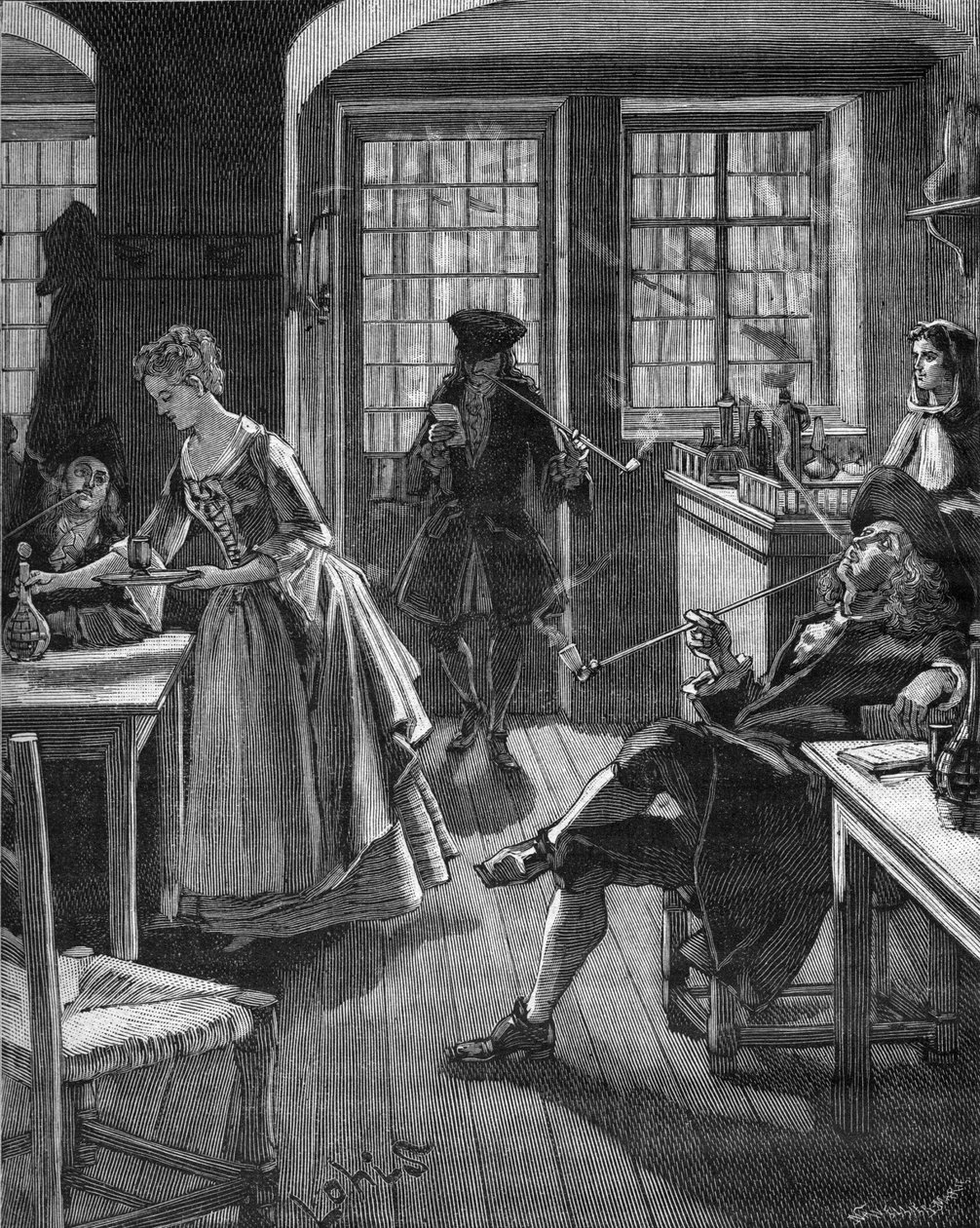 England, late 17th century: men smoking in a cafe. Engraving of the 19th century. In 