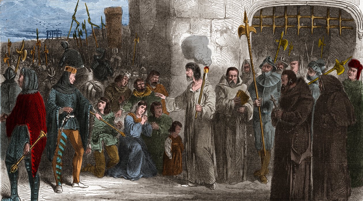 Enguerrand de Marigny, chamberlain and minister of King Philip IV the Fair walking to torture in 1315. Engraving in 