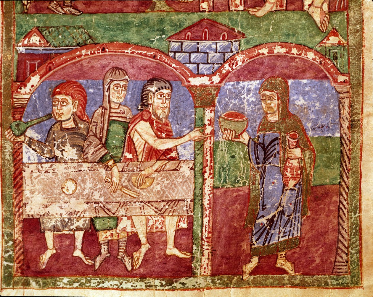 Episode of the life of Saint Radegonde (Radegundis) of Poitiers (519-587), wife of Clotaire I, king of the Franks: Radegonde during her charity works serves at the table of the poor. Miniature from an 11th century manuscript by Unknown artist