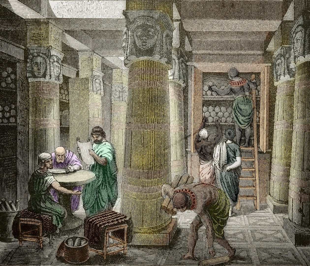 Erudits in the Library of Alexandria, Destroyed in 642, Egypt (19th Century  Engraving)