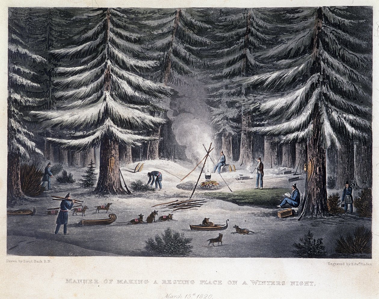 Establishment of a Camp During a Winter Night - in Narrative of a Journey to the Shores of the Polar Sea in the Years 1819-1821, by John Franklin, Published in London by Unknown artist