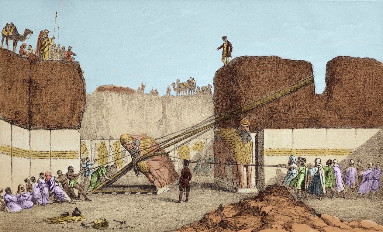 Excavations of Nineveh - The ruins of Nimrud by Henri Layard; replacement of the great bull wing - The shipment of a winged bull from Nimrud, during the excavations of Sir Austen Henry by Unknown artist