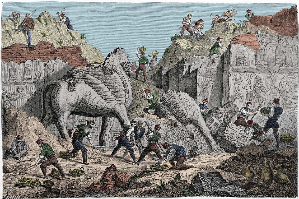 Excavations Undertaken by Paul-Emile Botta, Consul of France in Nineveh at the Site of Khorsabad, Former Assyrian Capital North of Mosul, Iraq. Engraving of the 19th Century by Unknown artist