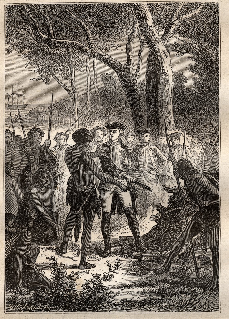 Expedition by Nicolas Thomas Marion-Dufresne (Marion Dufresne) (1729-1772): Marion debarked in Frederick Henry Bay (Tasmania) and was offered a brandon ignited by the indigenous people - illustration taken from 
