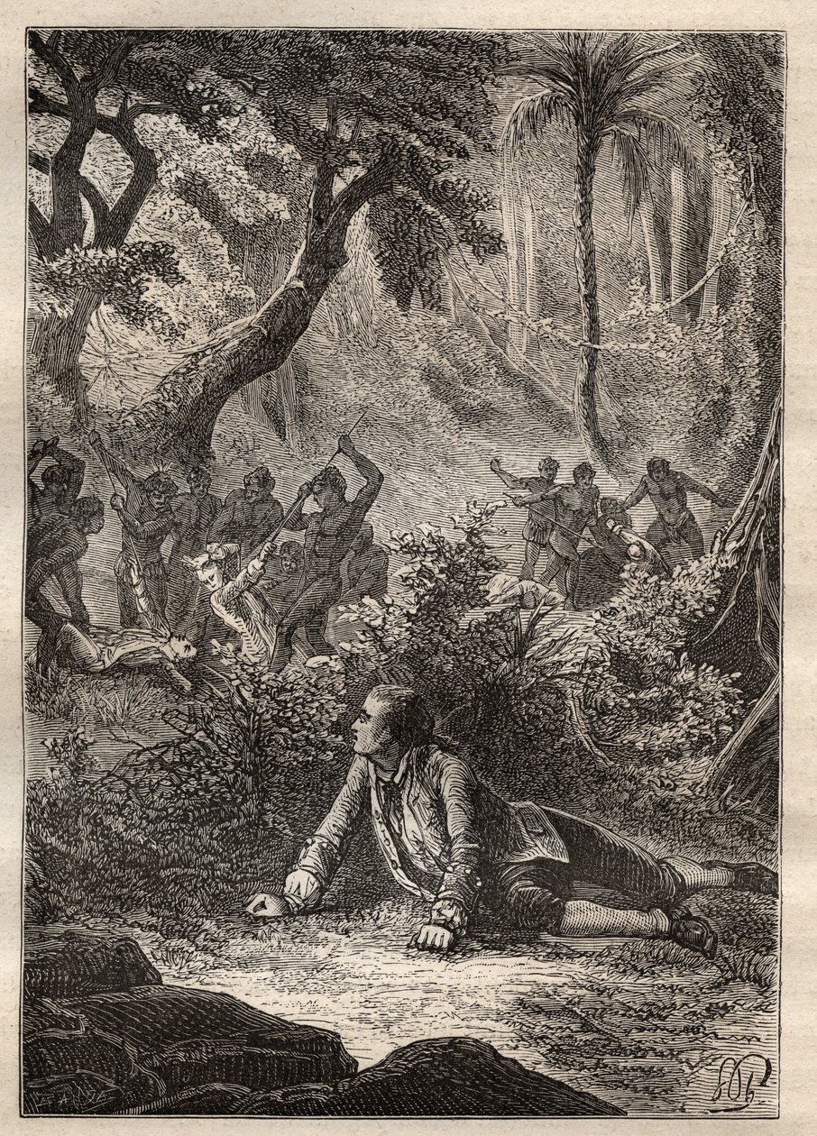 Expedition by Nicolas Thomas Marion-Dufresne (Marion Dufresne) (1729-1772): the only surviving sailor witness the massacre of all his comrades, including Marion, by the natives of Assassins Bay (Matuaro Island, New Zealand) - illustration taken from 